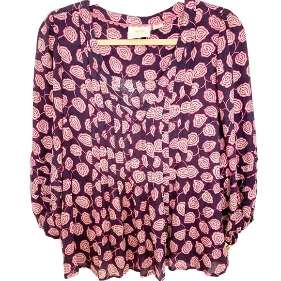 Anthropologie Maeve Navy Pink Cathy Pleated Floral Peasant Blouse - Picture 2 of 8